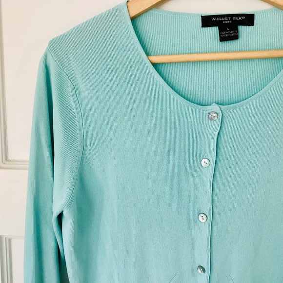 August Silk Rayon Blend Micro Rib Cardigan Women’s L Light Blue Feminine Preppy - Picture 5 of 13